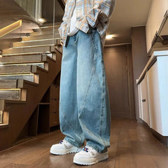 Threebooy Japanese Korean Casual Retro Curved Knife Jeans Men'S Loose Straight Leg Pants Large Pockets Wide Leg Pants High Street Jeans