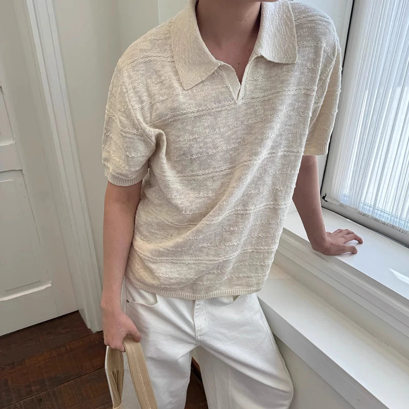 Threebooy  New Trend Men Seagull Collar Polo Shirt Light Luxury Textured Slim T-shirts Leisure Short Sleeve Solid Color Breathable Knitwear