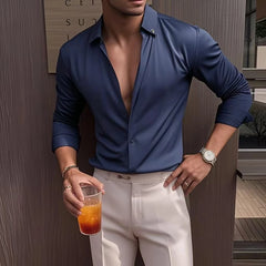 Threebooy  New Seamless Waffle V-neck Shirt Men's Long Sleeved Casual Business Dress Shirts Solid Color Slim Streetwear Social Shirt