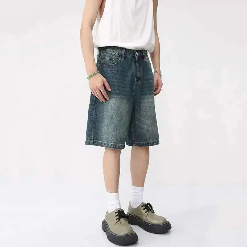 Threebooy  Summer Denim Shorts Men's Loose Korean Style Retro Short Jeans Fashion Washed Casual Knee Length Pant New Streetwear