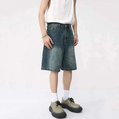 Threebooy  Summer Denim Shorts Men's Loose Korean Style Retro Short Jeans Fashion Washed Casual Knee Length Pant New Streetwear