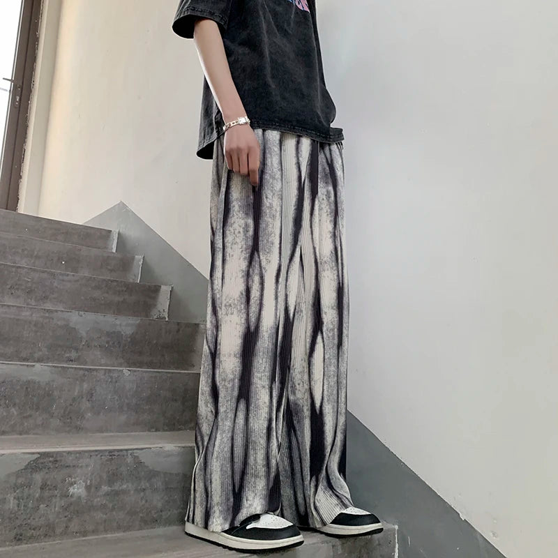 Threebooy  Pleated Pants Men's Fashion Retro Casual Pants Men Japanese Streetwear Loose Hip-hop Wide-leg Pants Mens Ice Silk Trousers M-3XL