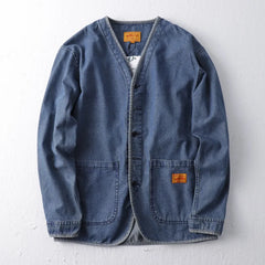 Threebooy  Hip Hop Men's Washed Workwear Denim Jacket Spring Autumn Collarless Taoist Robe V-neck Jackets And Coats Streetwear