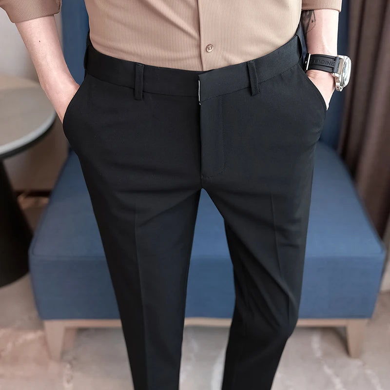 Threebooy Men Thin Business Solid Color Slim Casual Formal Office Trousers Male Summer Stretch Ankle-Length Suit Pants Plus Size 28-36