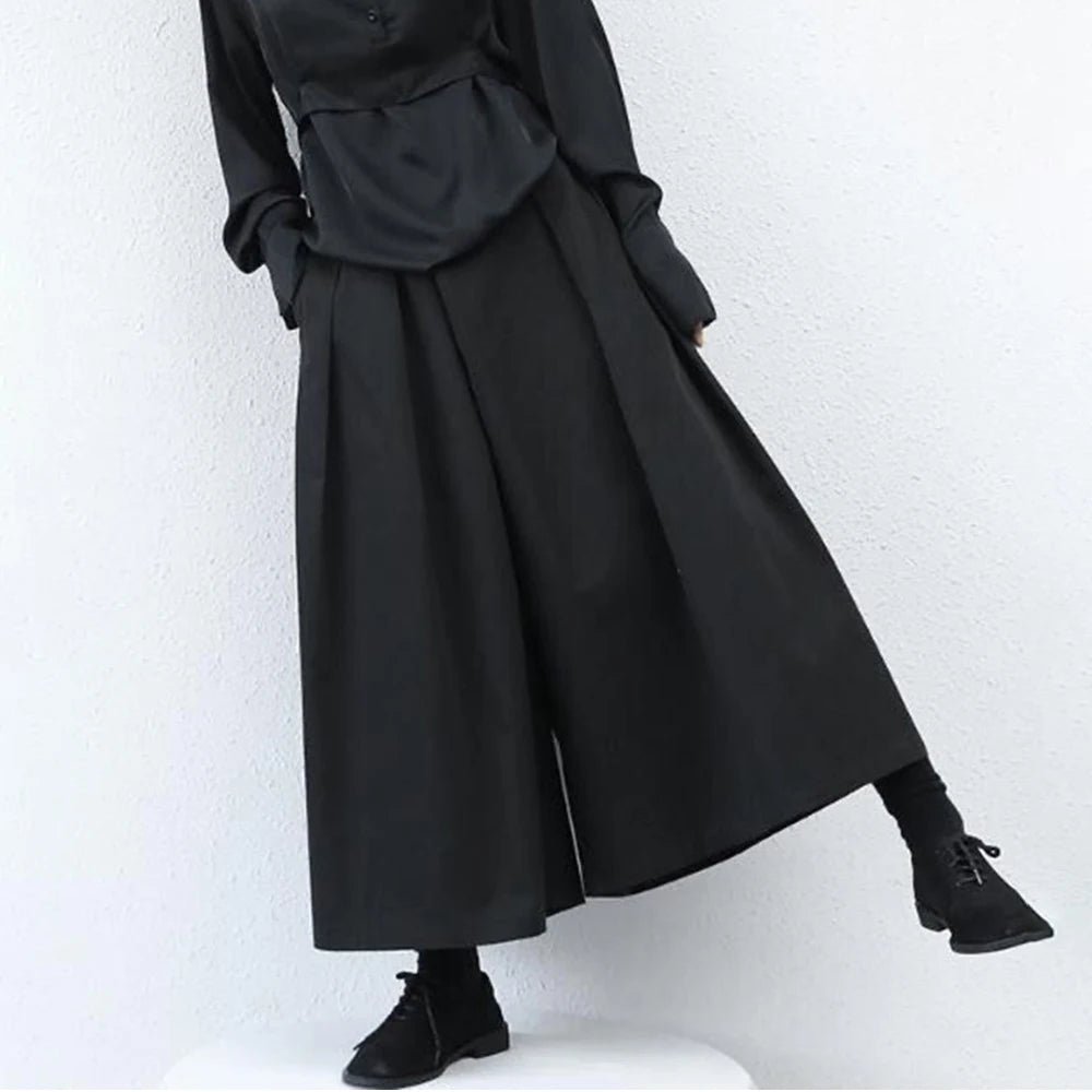 Threebooy 2024 Trendy Gothic Dark Style Loose Cropped Hakama Pants Wide Leg Pants New Large Size Design Sense Samurai Pants Men's Clothing