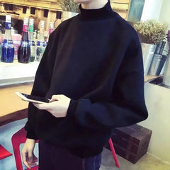 Threebooy 2024 Autumn And Winter Mens New Fleece Thickened Long-Sleeved Bottoming Shirt Solid Color High Collar Loose Sweater Men