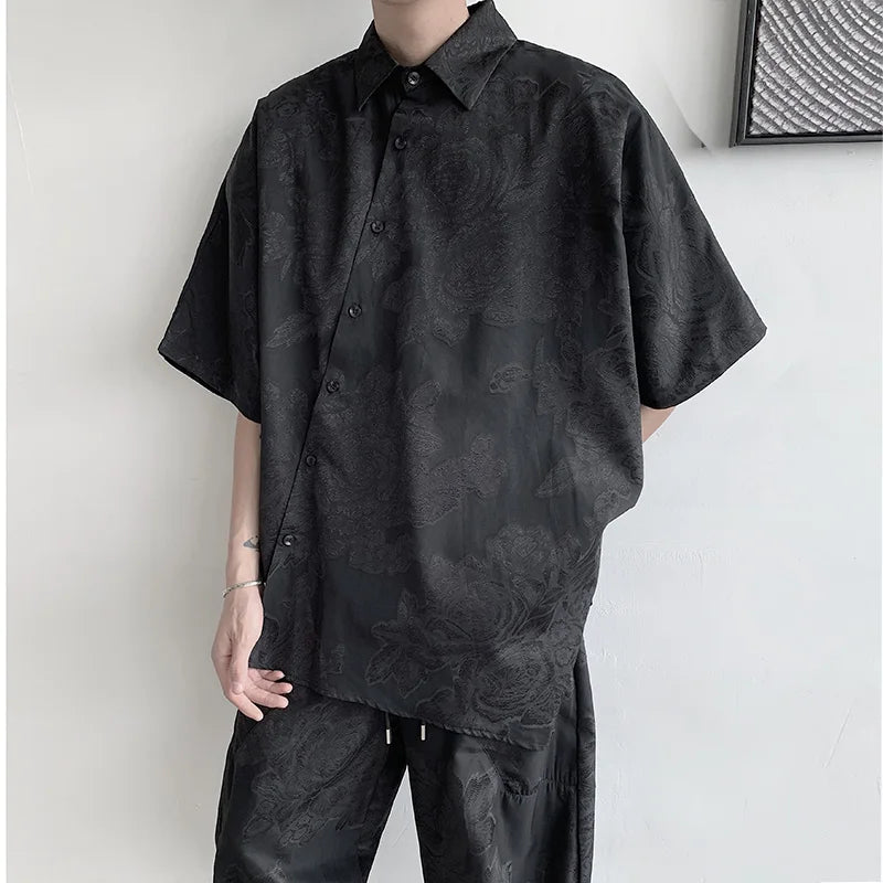 Threebooy Shirts Men Floral Japanese Style Fashion Loose  Pleated Vibe All-match High Street Youthful Cool Designed Vintage surplice