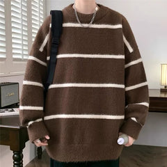 Threebooy  Autumn Striped Knitted Round Neck Sweaters For Man High Street Fashion Pullovers Knitwear Y2K Vintage Long Sleeve Pull Homme