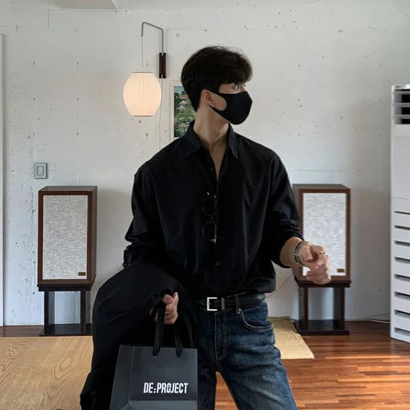 Threebooy  Autumn Clothing Men's Light Luxury Korean Popular Shirt Leisure Long Sleeve Button-down Premium Solid Color Business Basic Shirt