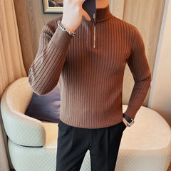 Threebooy Autumn and Winter New Men's Half High Neck Sweater with Plush and Thick Zipper Pullover Knit Shirt Slim Fit Solid Color Top For