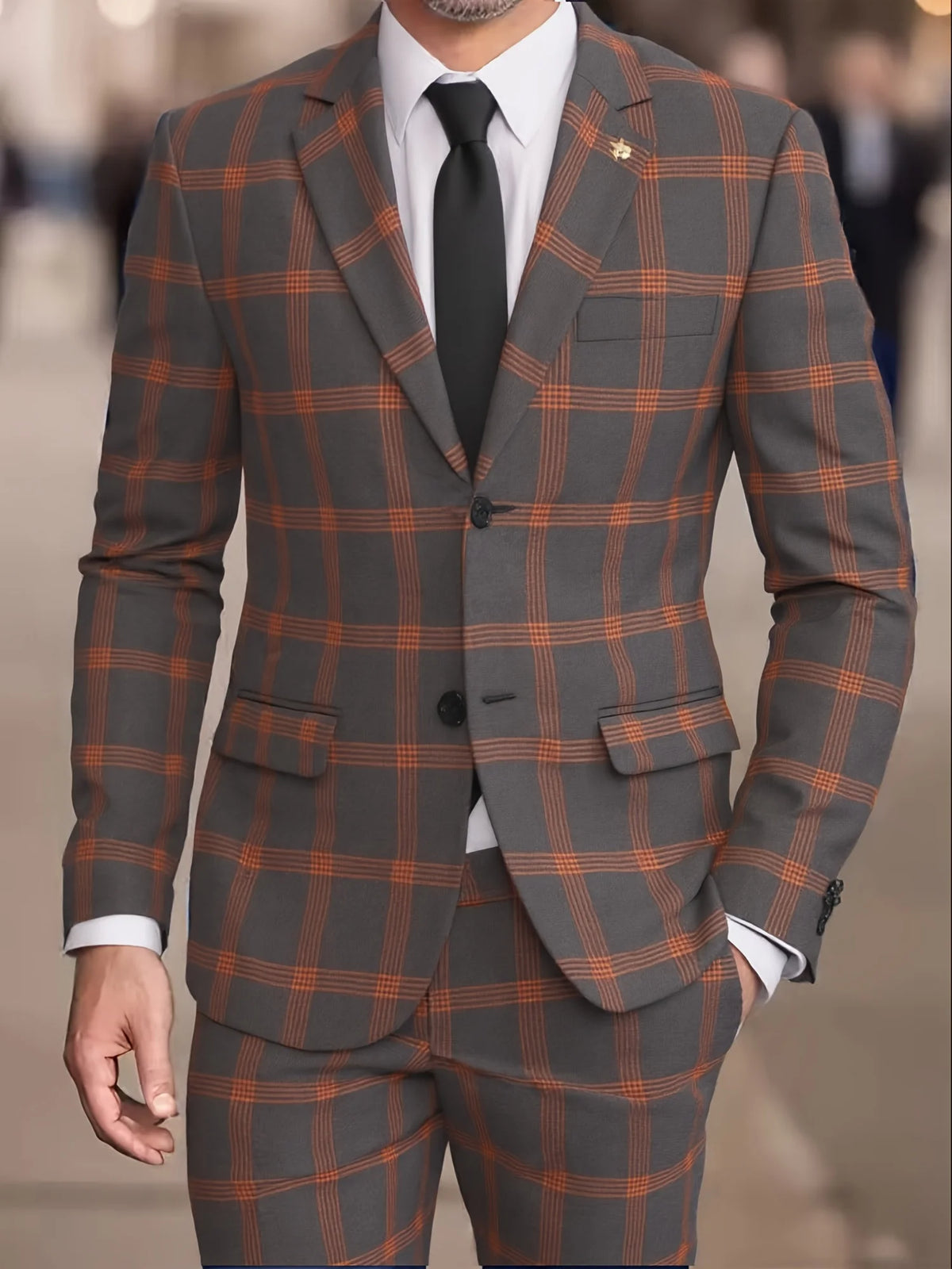 Threebooy  Men's Plaid Suit Two-Piece Set Four-Season Anti-Wrinkle No-Iron Business Casual Formal Wear Slim Two-Button Suit Trousers Suit