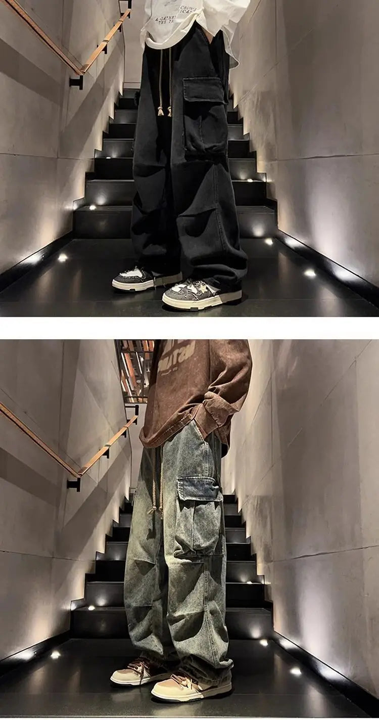 Threebooy High street hip-hop men and women trendy personality large pocket straight leg washed denim jeans couple retro casual pants y2k