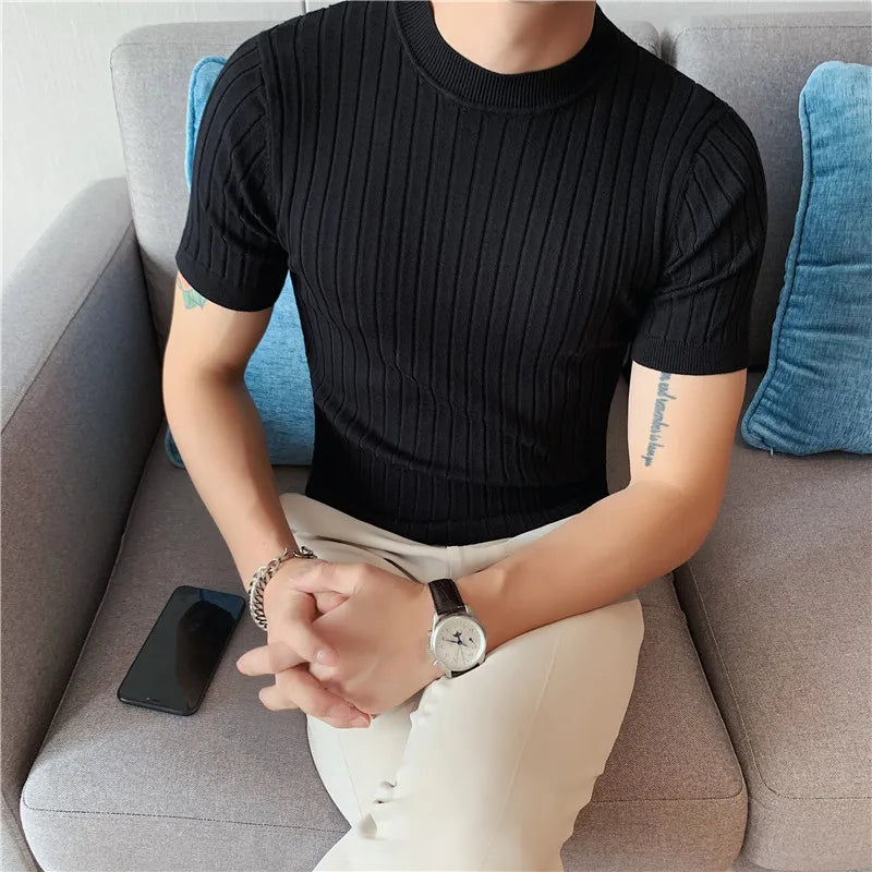 Threebooy New Style Men High Grade Solid Color Stripe Knit T-shirt/Male Slim Fit Fashion High Collar Short Sleeve T-shirt Black White