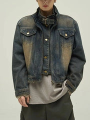 Threebooy Vintage Denim Jacket Man Woman Short Zipper Single Breasted Cowboy Crop Coats Blue Washed Stand Collar Unisex Jeans Outerwear
