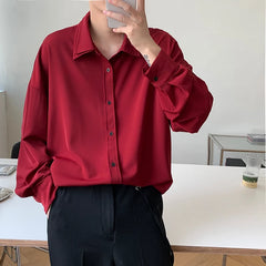 Threebooy Long sleeve shirt men Double Collar Ice Silk Shirt Men Vintage Wine Red Shirts Men Korean Comfortable Blouse Casual Loose Shirt
