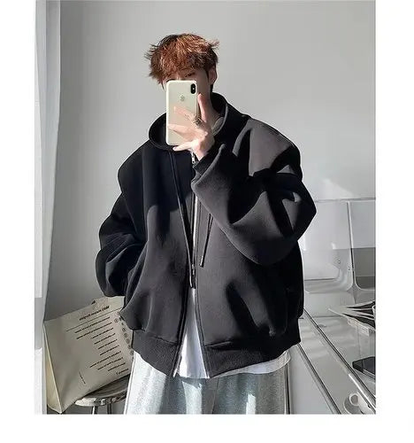 Threebooy Autumn Korean Zipper Hoody Large Silhouette Hooded Composite Shoulder Pad Cardigan Jacket Men Casual Handsome Hooded Sweatshirt