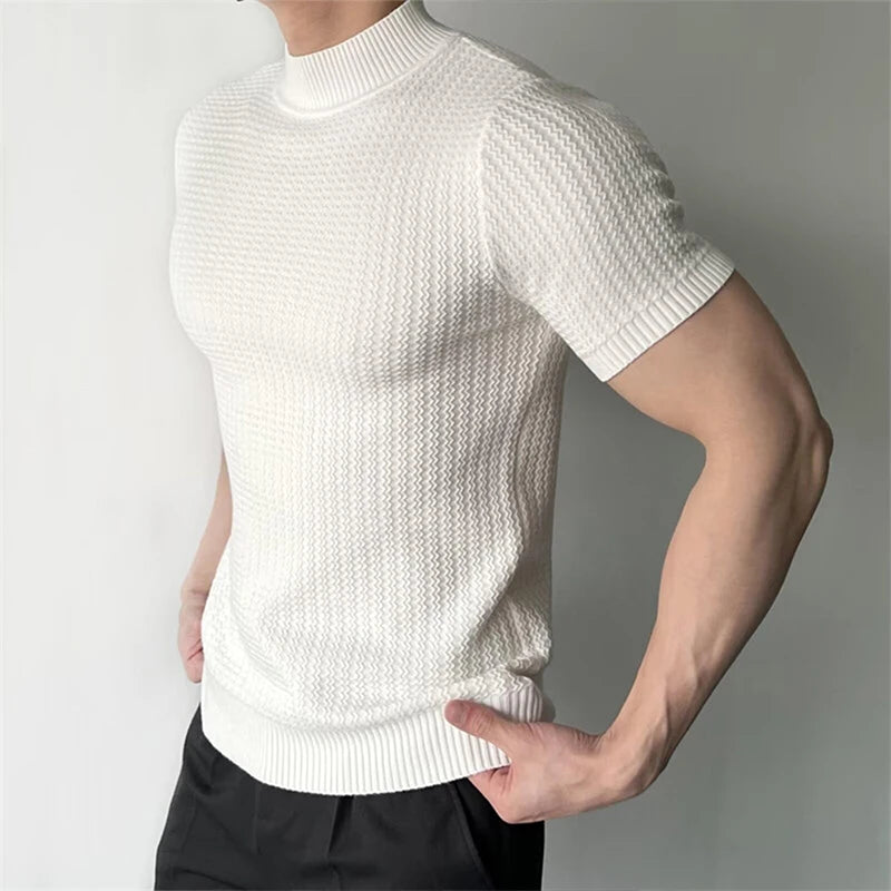 Threebooy  Men's Clothing Fashion Jacquarded Tops Luxury High Quality Knit O Neck Short-sleeved T-shirt Leisure Popular Retro Slim Knitwear