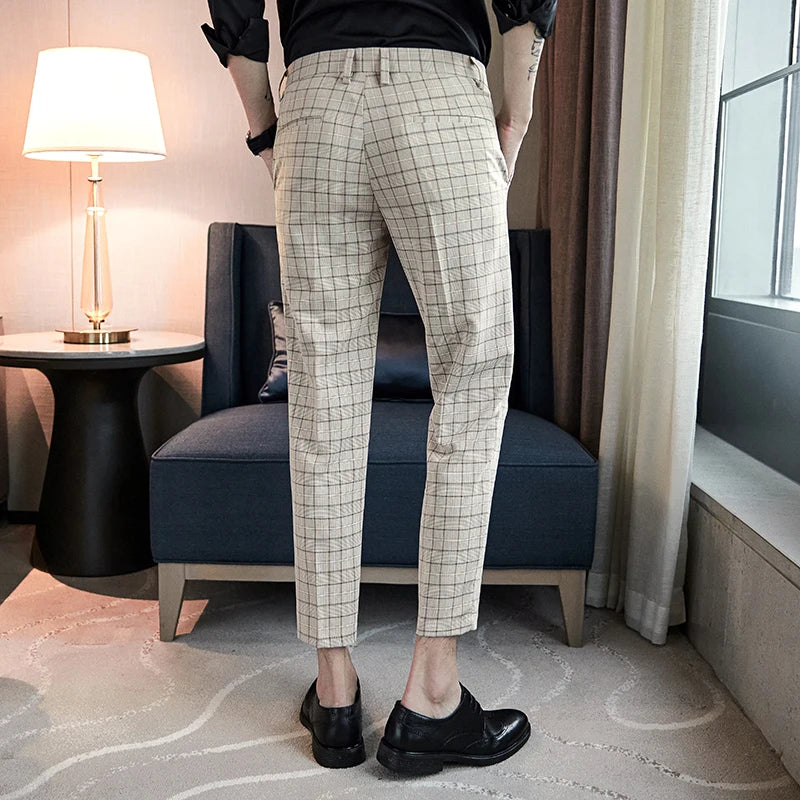 Threebooy Formal Pants Men Trousers British Style Mens Plaid Pant Pantalon Costume Spring Autumn Plaid Casual Dress Pants Men Social