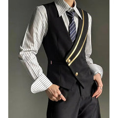 Threebooy  Trendy Leather Splicing Men Suit Vest Prom Party Waiter Nightclub Uniform Waistcoat Couple Casual Social Business Dress Vests