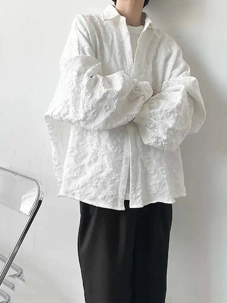 Threebooy  2XL White New Crumpled Jacquard Shirt Loose Fashion Solid Color Casual Turn-down Collar Top New All-match Bat Wing Sleeve P7W