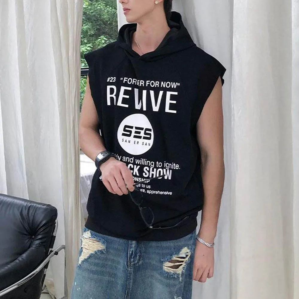 Threebooy  Summer New Men's Hooded Sleeveless T-shirt American Retro Fashion Trend Street Casual Loose Breathable Niche Men's Tops