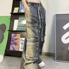 Threebooy Street men and women trendy and personalized hip-hop straight leg washed gradient jeans for couples loose casual Harajuku pants