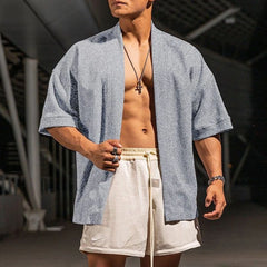 Threebooy  Summer New Men's Solid Color Short-Sleeved Cardigan American Fashion Trend Casual Simple Loose Breathable Sports Men's Tops