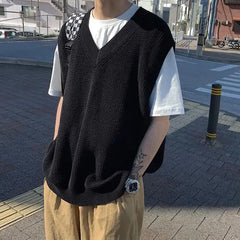 Threebooy Men's Clothing Solid Color Vest V Neck Waistcoat Knit Sweater Male Plain Blue Baggy Sleeveless Korean Style Spring Autumn 2024 X