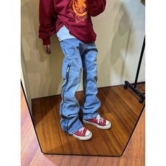 Threebooy  American Spring and Autumn Street Men and Women Trendy Zipper Design Straight Tube Washed Jeans Couple Retro Casual Pants y2k