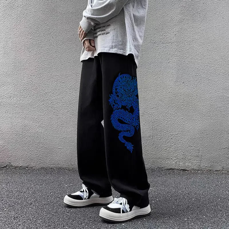 Threebooy Y2k High Street New Style Dragon Pattern Embroidery Baggy Jeans Retro Hip Hop Casual High Waisted Jeans Men and Women Streetwear