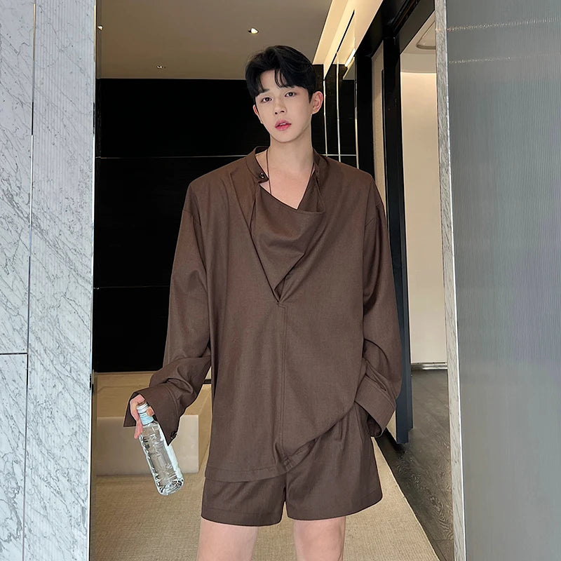 Threebooy Korea Fashion Spring Male Casual Casual Set Solid Color Personality Lapel Short Sleeve Men's Short Pants Top 2-piece set