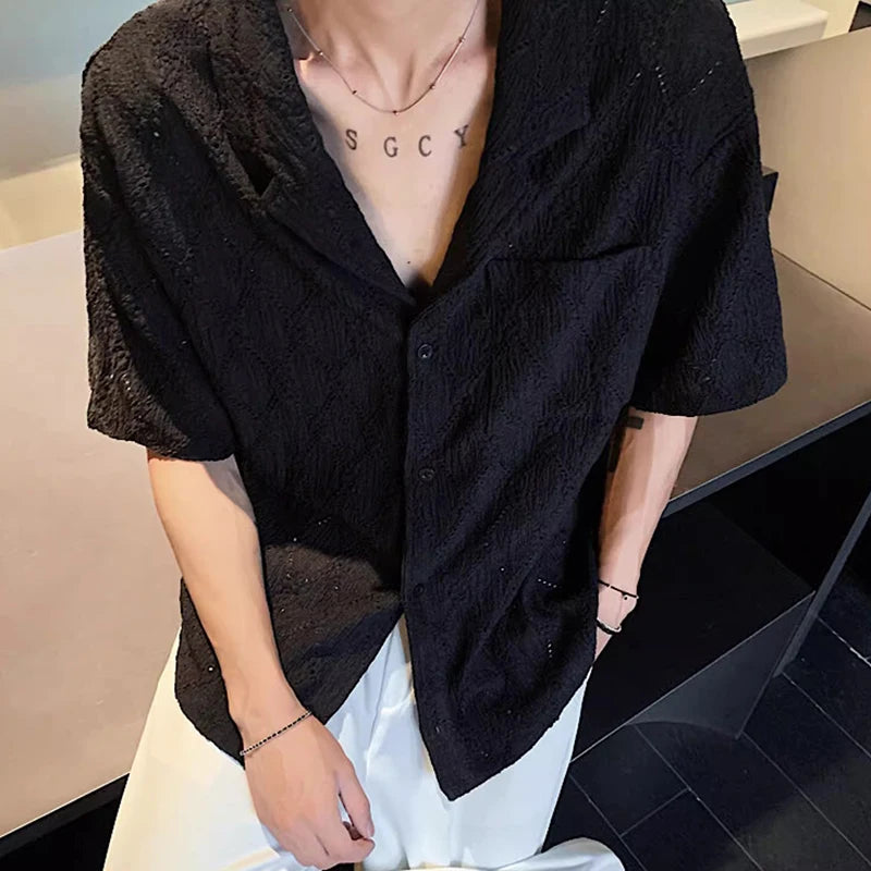 Threebooy  Summer Men's Clothing Light Luxury Jacquarded Suit Collar Shirts Streetwear Button-down Short Sleeve Retro Leisure Fashion M-3XL