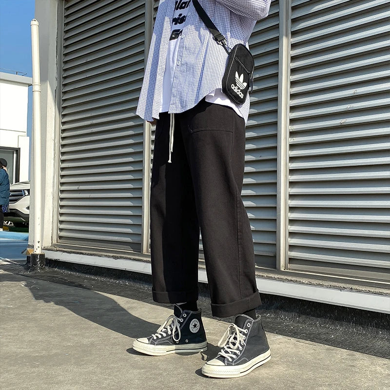 Threebooy  Beige/Khaki/Black Casual Pants Men Fashion Cotton Straight Pants Men Streetwear Loose Hip Hop Wide Leg Pants Mens Trousers S-2XL