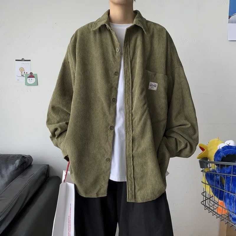 Threebooy Spring Autumn Men's Corduroy Long Sleeved Shirt Solid Streetwear Turn Collar Jacket Shirts For Men Blouses