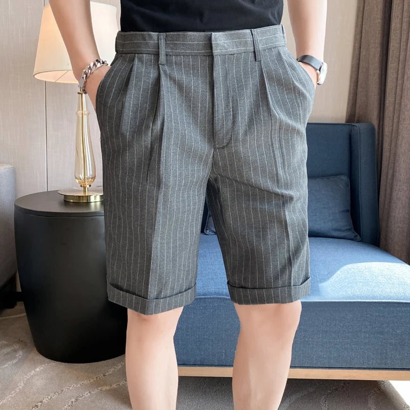 Threebooy Men Fashion Summer Shorts New Slim Fit Striped Mens Shorts Knee Length Gentlemen Business Formal Wear Casual Short Men 36