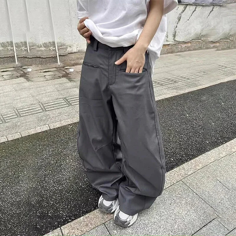 Threebooy Multiple Pockets Curved Knife Man Suit Pants Spring Autumn Metal Zipper Straight Wide Leg Baggy Pants New Y2k Loose Men Trousers