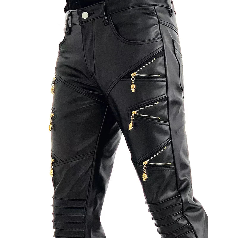 Threebooy New Arrived Skinny Biker Leather Pants Mens New Faux Leather Biker Trousers for Male Trouser Stage Club Wear