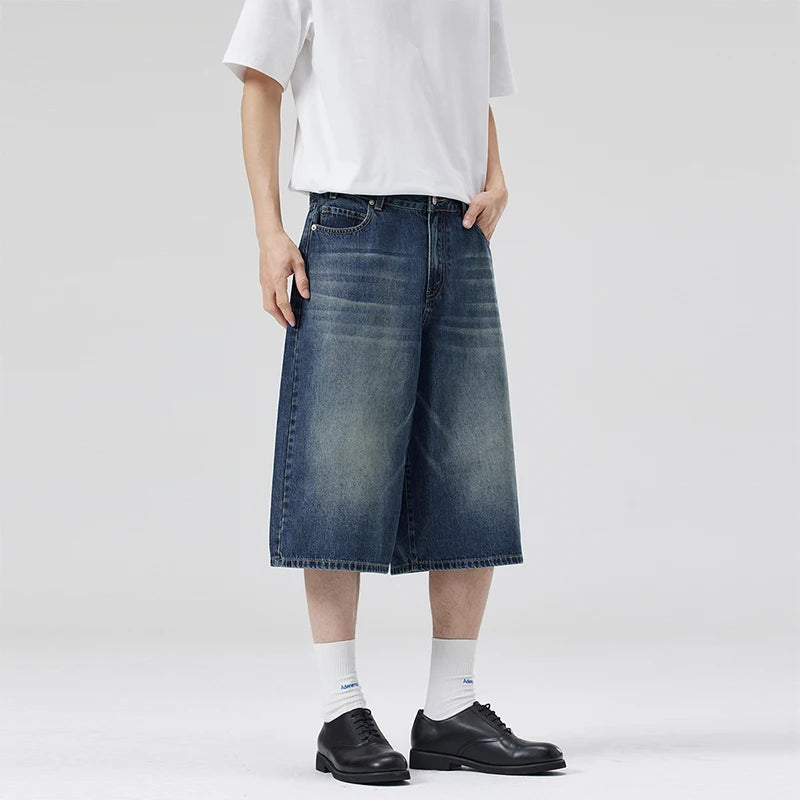 Threebooy  Oversized Baggy Men's Denim Shorts Summer Fashion Retro Casual Loose Wide-leg Calf-length Jeans Harajuku Y2K Streetwear