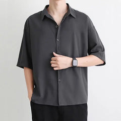 Threebooy  Silk Drooping Free Solid Color Versatile Shirt Dk Men's Trendy Handsome High-end Hong Kong Style Short-sleeved Handsome Shirt
