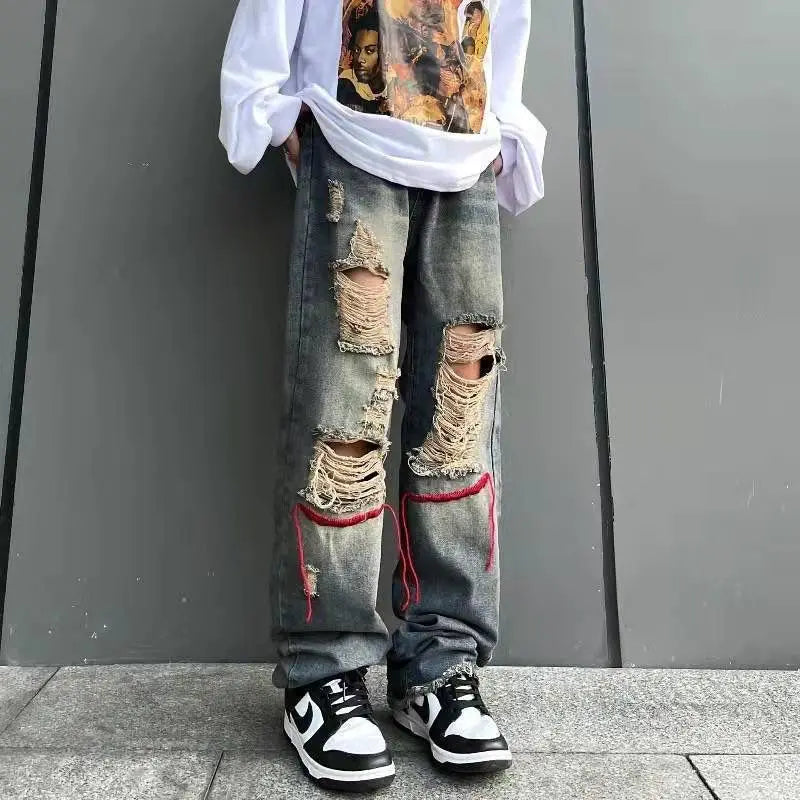 Threebooy Korean Style Ins Hip-Hop Trendy Distressed Red Rope Vintage Jeans Washed And Worn Long Straight Leg Pants