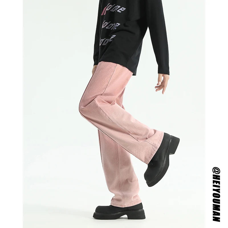 Threebooy Pink Jeans Men Fashion Retro Black Casual Jeans Men Streetwear Hip-hop Loose Straight Jeans Mens Vintage Denim Trousers
