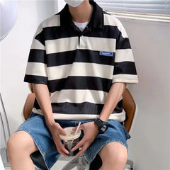 Threebooy Contrast Color Striped Polo Shirt Summer All-match Fashion Trend Casual Polo T-shirt Loose Short-sleeved Lapel Men's Clothes Oversize