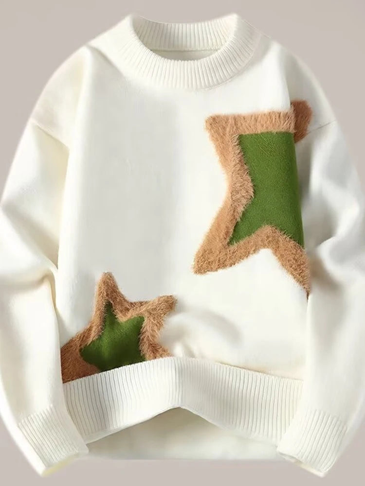 Threebooy  Autumn Men's Star Pattern Jacquard Knitted Jumpers Casual Retro Elegant Crewneck Knitwear Y2K Streetwear Pullovers Sweater