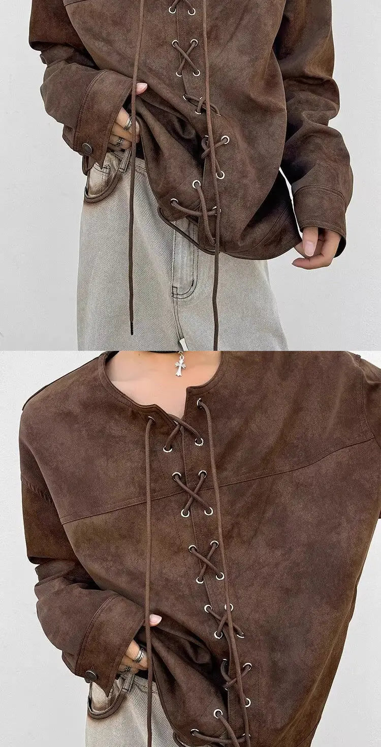 Threebooy Drawstring Double-breasted Shirt Back Fly Design Top American Retro Brown Motorcycle Leather Jacket Women Men's Jacket