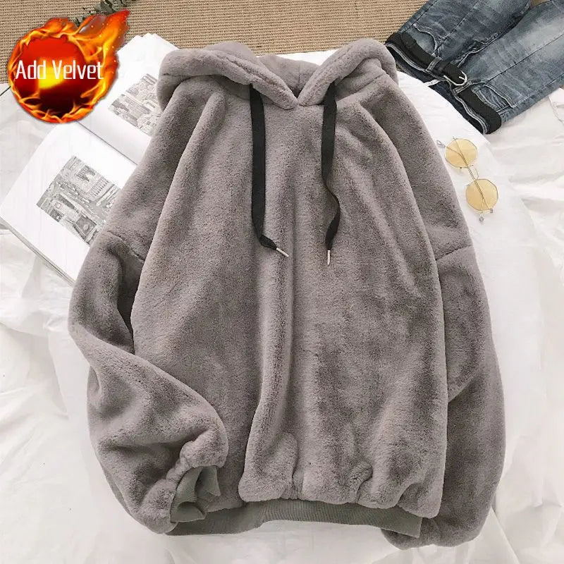 Threebooy  Winter Mens Loose Hooded Sweatshirt Thick Fleece Lined Couple Ins Trendy Warm Lazy Pullover Top
