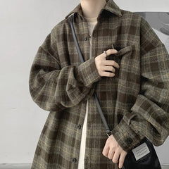 Threebooy Spring Autumn Men's Long Sleeved Checkered Shirt Jacket Coat