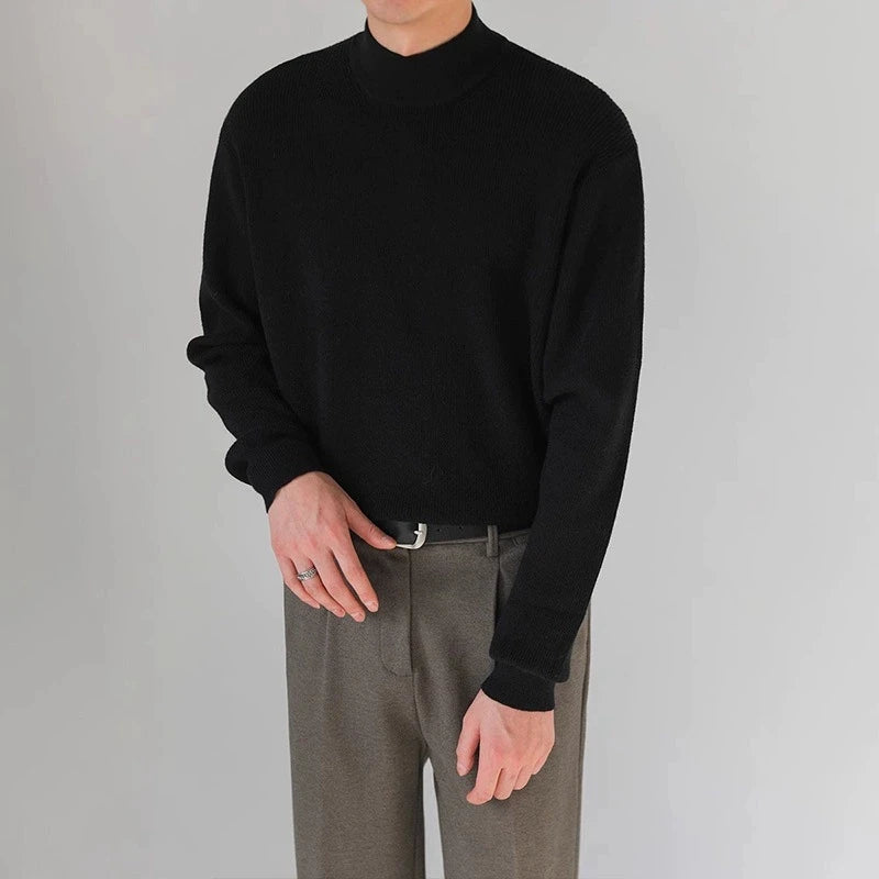 Threebooy Korean Fashion Men Sweater Light Luxury Trendy Mock Neck Knitted Solid Color Pullover Premium Quality Long Sleeve Basic Knitwear