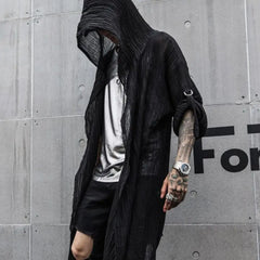 Threebooy Nightclub DJ Singer Punk Rock Hip Hop Long Shirt Black Hooded Cloak Cardigan Men Pleated Woven Cotton Blouse Gothic Vintage