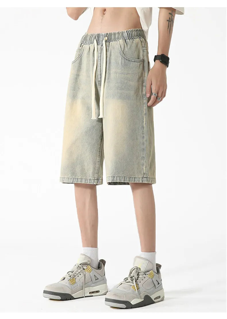 Threebooy Mens Denim Shorts Elastic Waist Drawstring Washed Classic Casual Summer Streetwear Vintage Stonewash Comfort Fit 2025 Fashion