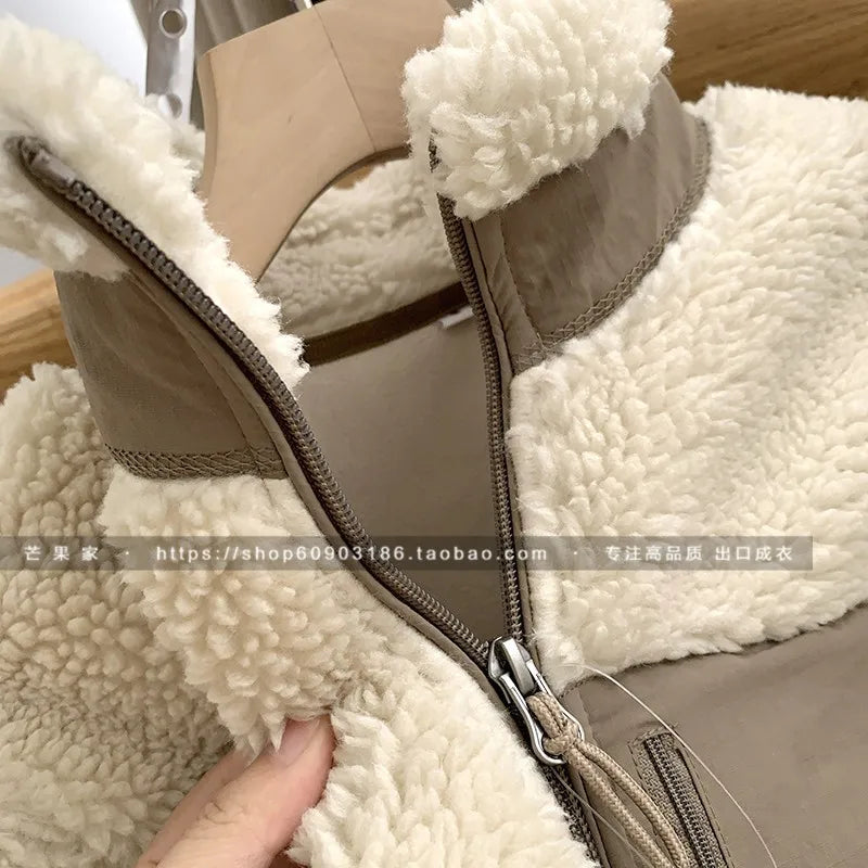 Threebooy Autumn Winter Lambswool Coat Male Loose Windproof Warm Sherpa Stand Collar Polar Fleece Jacket Unisex Simple  Pocket Spliced Top